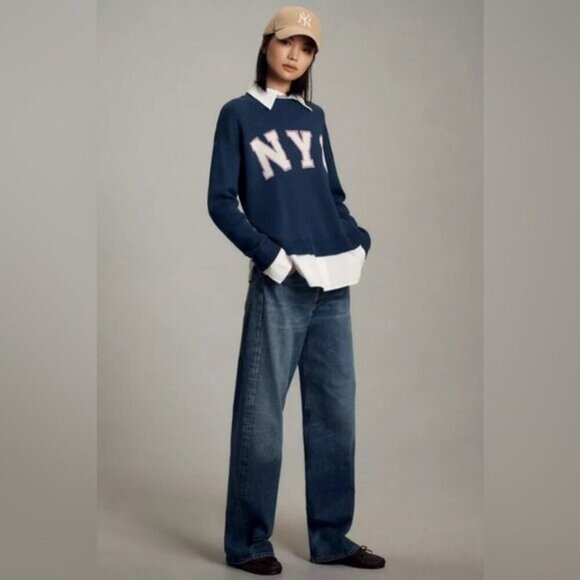 Maeve NYC Graphic Twofer Sweater Blouse Collar Cuff Blue/White Anthropologie XS - Picture 4 of 11